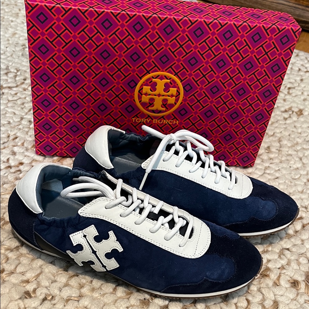 Tory Burch Women’s Navy and White Leather Suede Sneakers